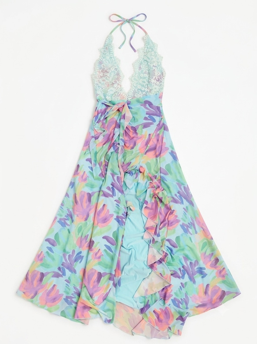 Pastel Floral Halter Lace Maxi Dress